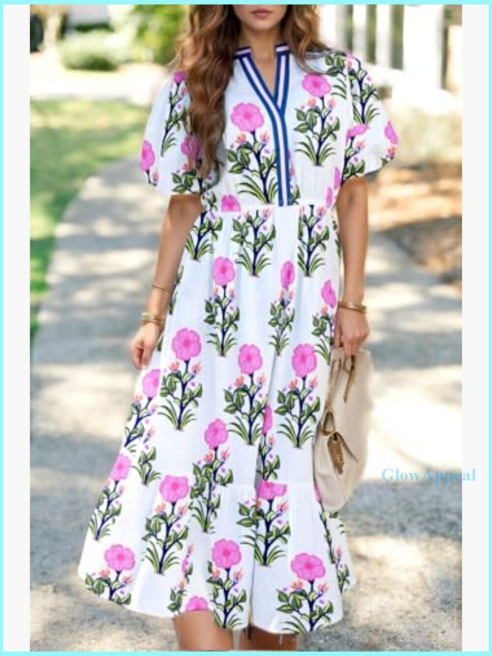 Long Maxi Dress with Puff Sleeves and V-Neck, High Waist Flowy Summer Casual - Picture 2 of 5
